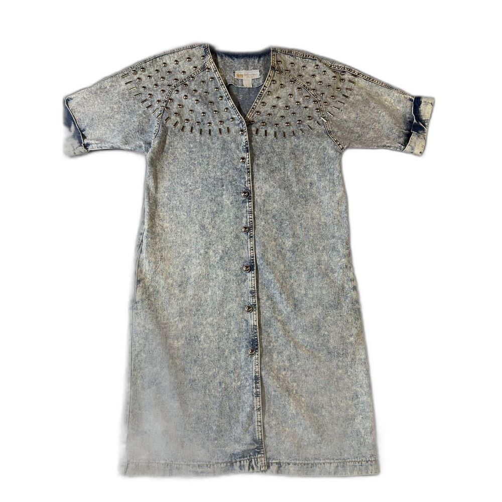 Vintage 80's 90's Acid Washed Denim Studded Western Dress Sz 5/6 Y2K Cowgirl